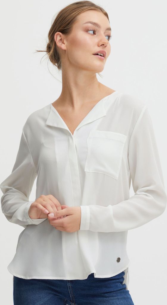 OXMO OXHally Damen Bluse Hemdbluse Langarm ohne Kragen mit verdeckter Knopfleiste