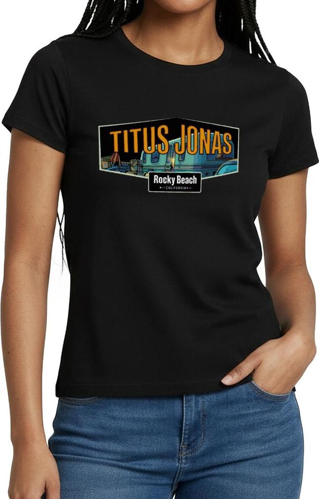 Spreadshirt Die drei Fragezeichen Titus Jonas Wohnwagen Frauen T-Shirt, XXL, Schwarz