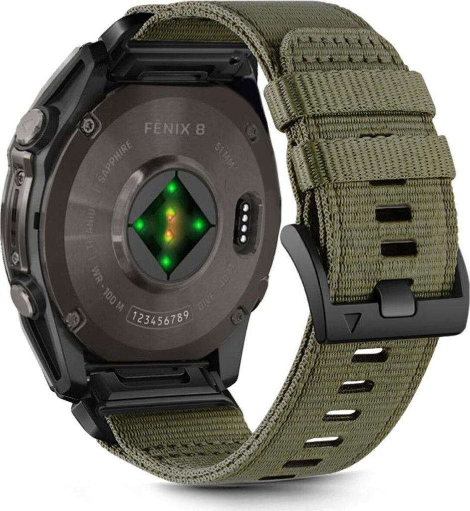 Close-up view of the back of a smartwatch with a green nylon strap.