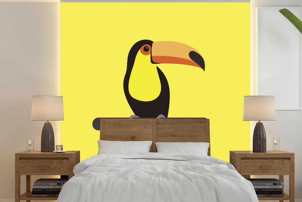 MuchoWow Fototapete für Wohnzimmer oder Schlafzimmer Wandtapete Vinyl Motivtapete Eine Illustration eines Tukans auf gelbem Hintergrund - 240x24...