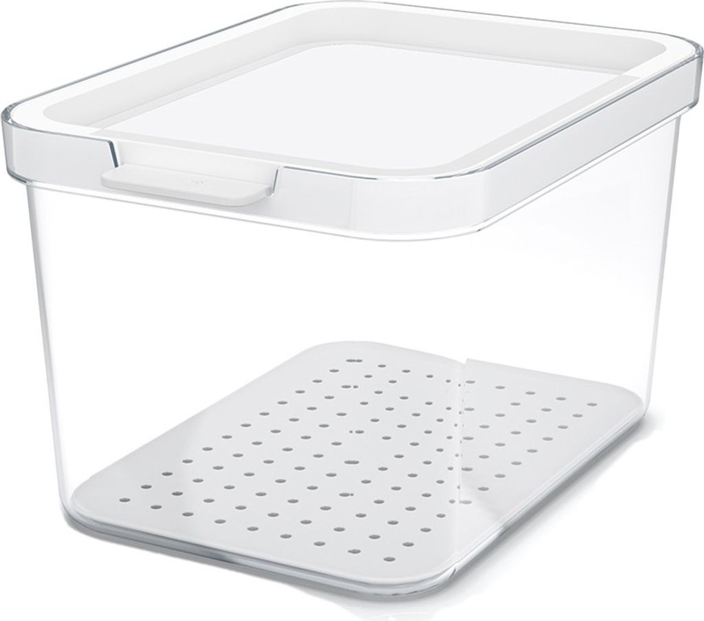 A clear, studio shot of a transparent food storage container with a white lid and a white perforated insert at the bottom.