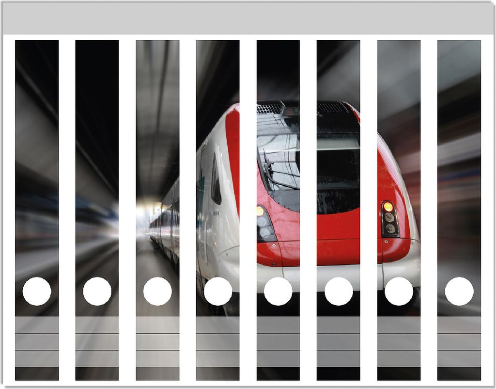Wallario Ordnerrücken Sticker, selbstklebend für schmale Ordner, 8 Stück, Motiv Fahrender Zug von vorn in rot- Perspektive von vorn
