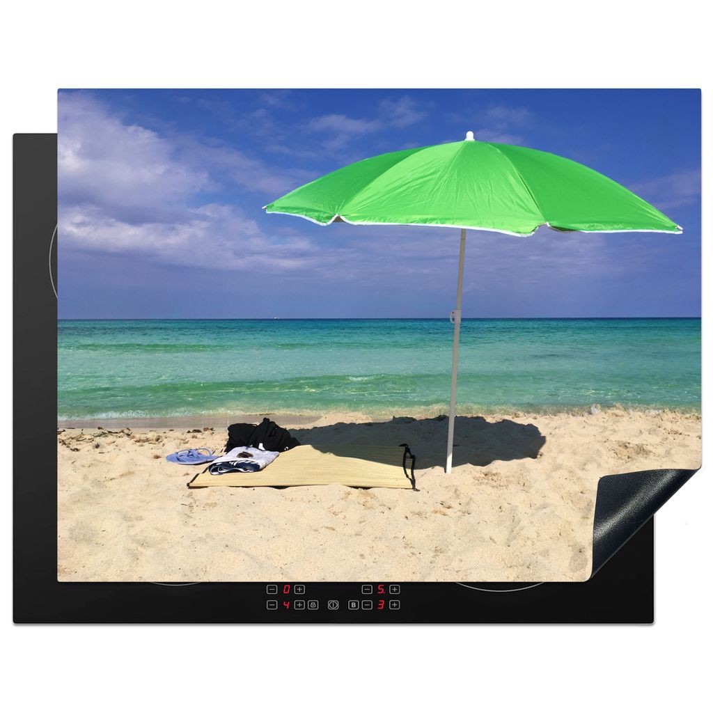 KitchenYeah Herdabdeckplatte Sonnenschirm - Strand - Sand , 77x59cm, Küche Deko, Glaskeramikkochfeld Herdabdeckung, Abdeckplatte fùr Kochfeld