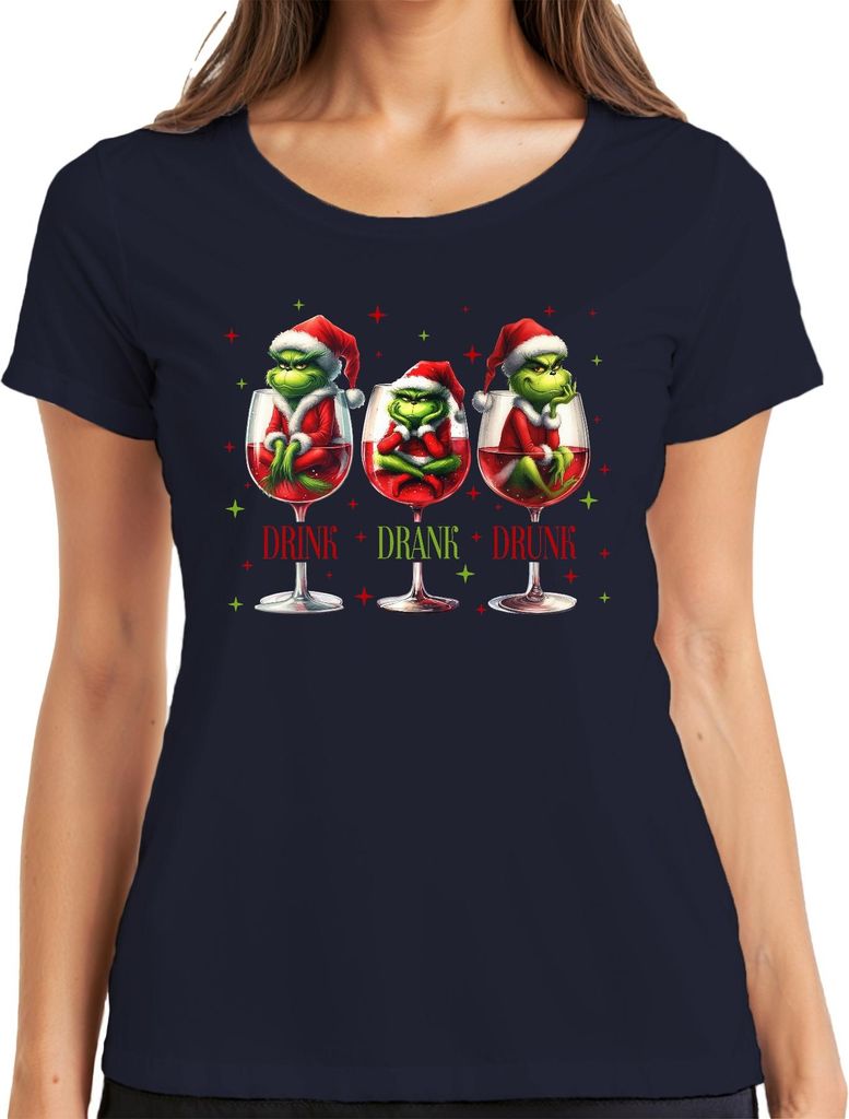 DRINK DRANK DRUNK lustig Wein Weinglas Weihnachtsmann Geschenk Damen T-Shirt, Navy, L