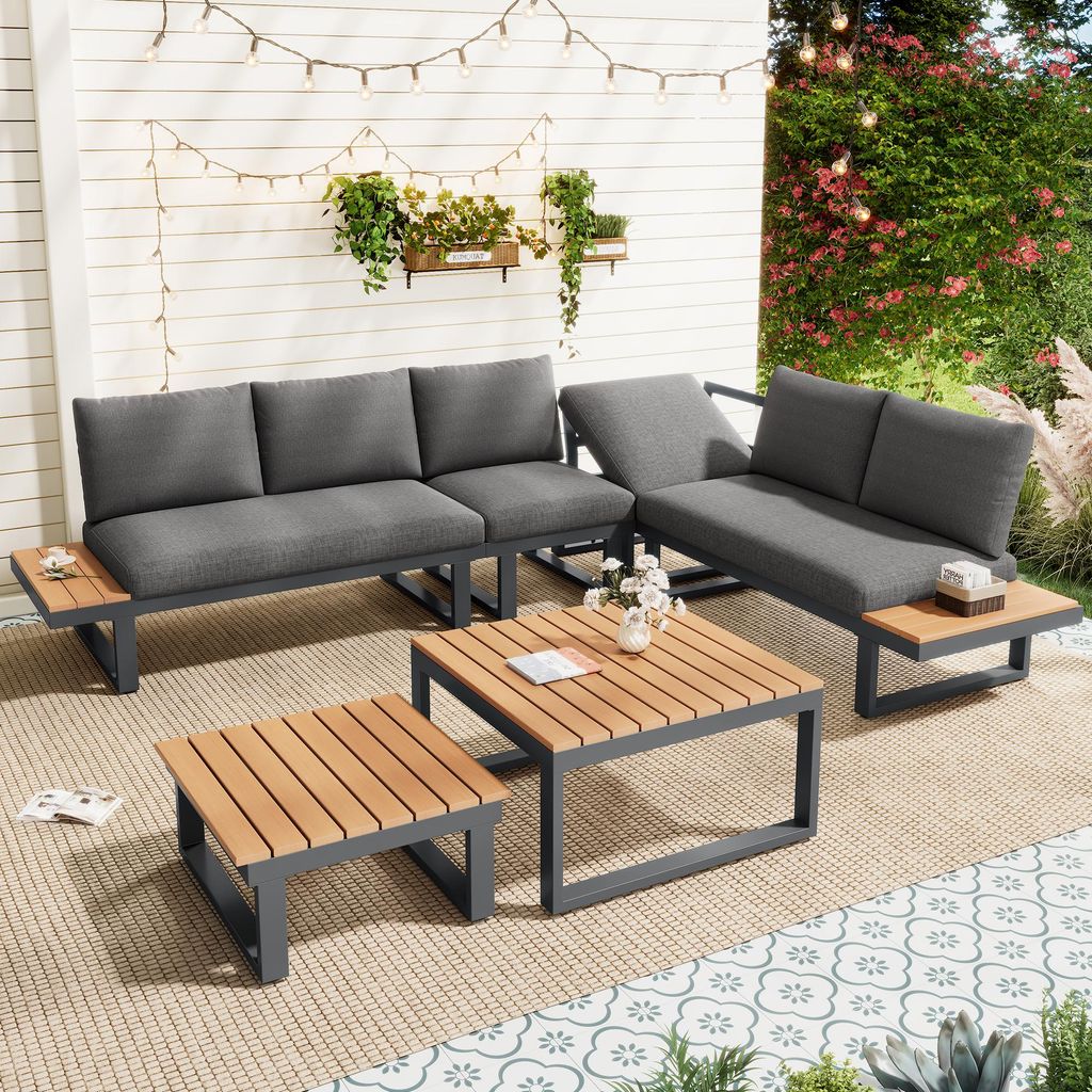 Flieks Gartenlounge-Set 6 Teilig, Balkonmöbelset mit 2 Gartentisch für 6 Personen, Gartensofa mit Ecksofa & Stuhl, Couchtisch Kunststoffplatte, Grau