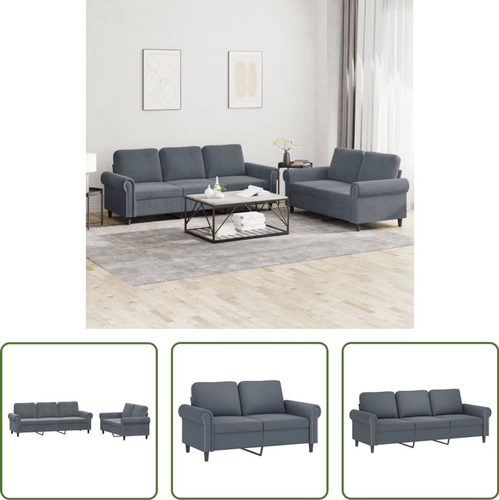 The Living Store 2-tlg. Sofagarnitur mit Kissen Dunkelgrau Samt