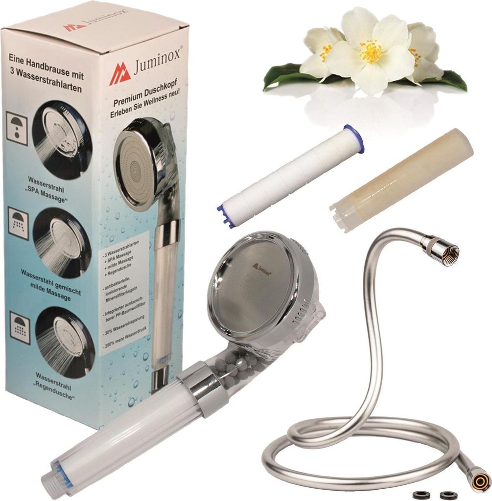 Juminox Premium Set Duschbrause Duschkopf Duschkopf Handbrause 3 Fach verstellbar, Duschschlauch Glatt Silber Flexibel 1,5 m chrom 1/2, Aromafilter...