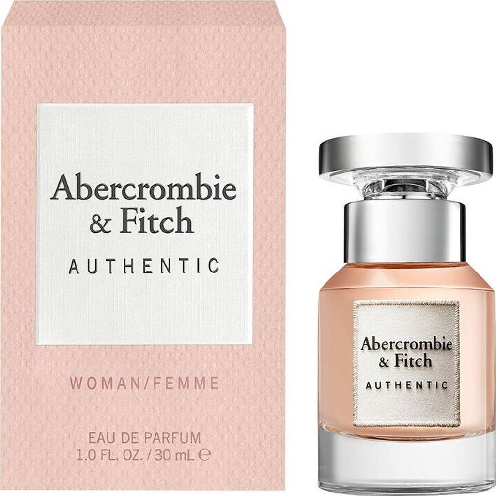 A product shot of Abercrombie & Fitch Authentic Woman Eau de Parfum and its packaging.