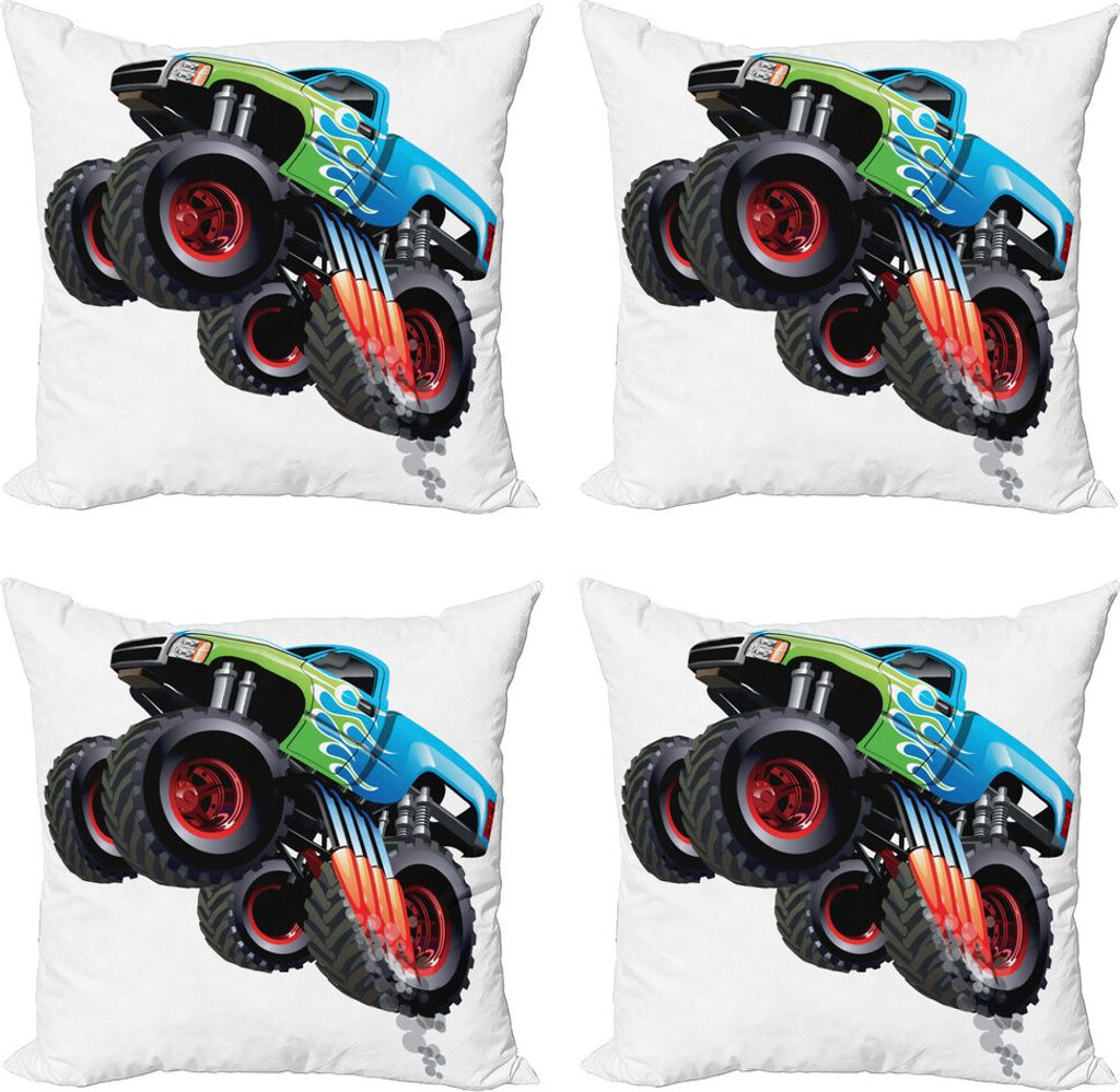 ABAKUHAUS Autos Kissenbezug Set (4 Stück), Monster Truck Cool Cartoon, Moderner Doppelseitiger Digitaldruck, 50 cm x 50 cm, Aqua Grün Schwarz