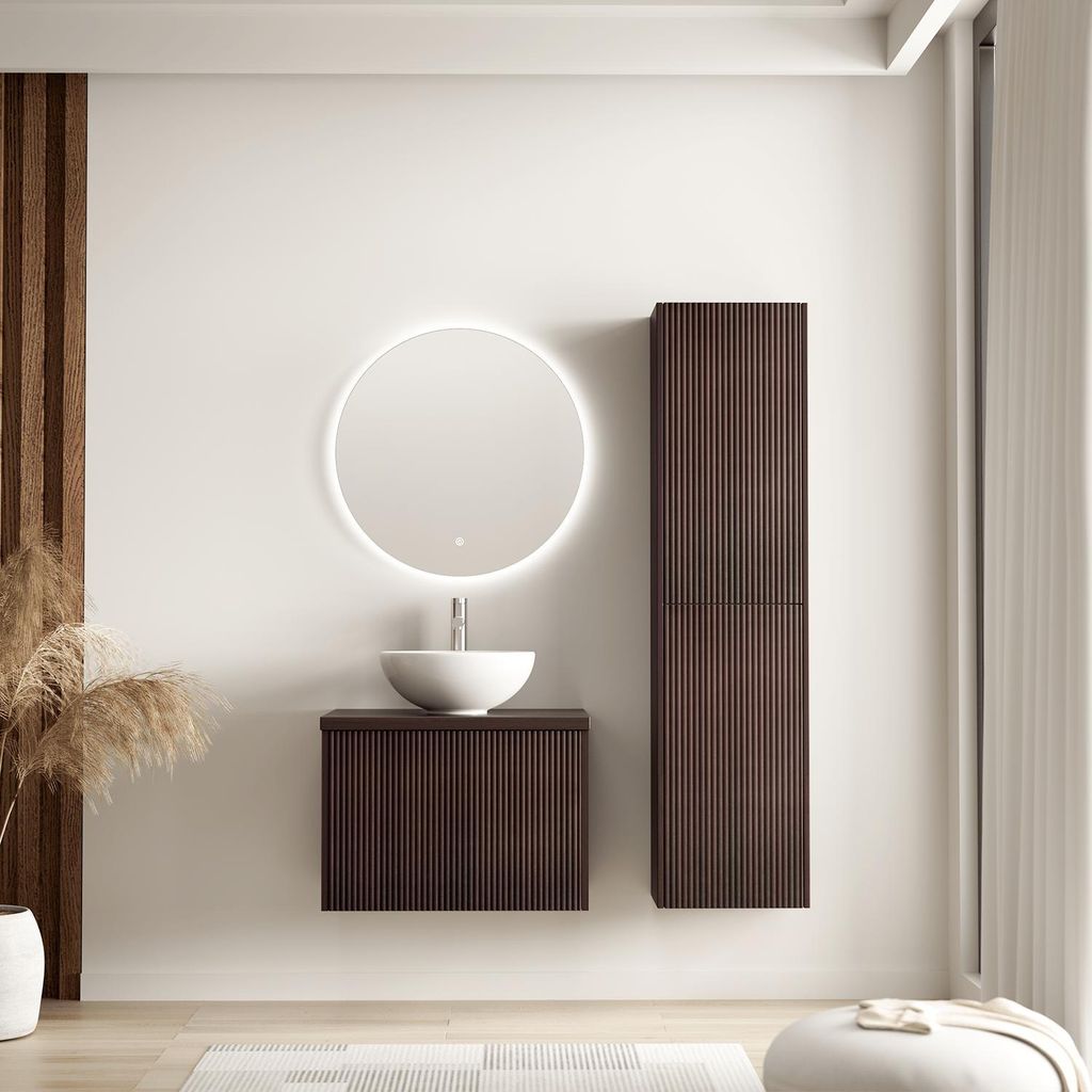 LOMAZOO Badezimmermöbel-Set, geripptes Walnussholz, 60 cm - Weißes Waschbecken - Badezimmermöbel-Set, braun gerippt - Waschbeckenmöbel - Aufsat...