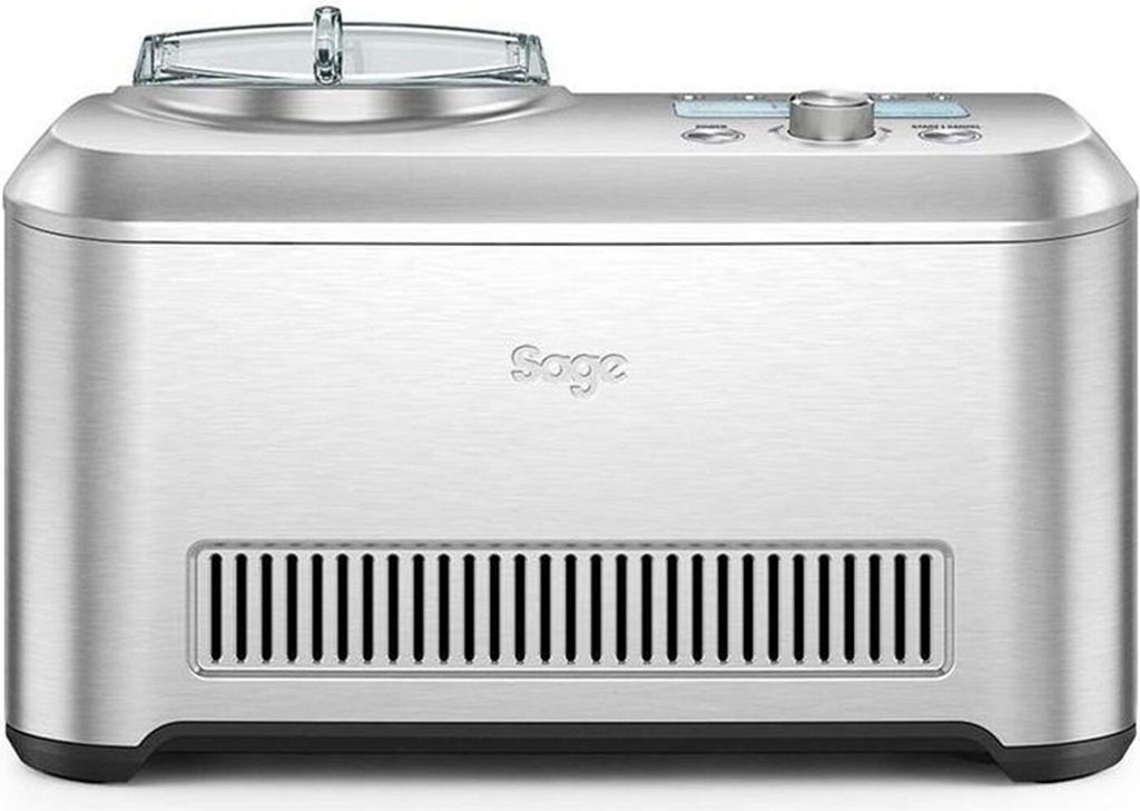 A close-up studio shot of a silver ice cream maker.