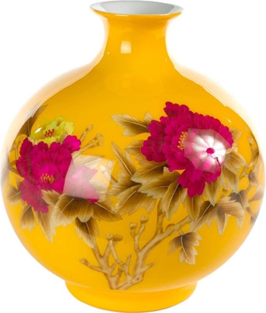 Fine Asianliving Chinesische Vase Porzellan Weizenstroh Pfingstrose Gelb Handgefertigt D25xH29.5cm Dekorative Vase Blumenvase Orientalische Keramik...