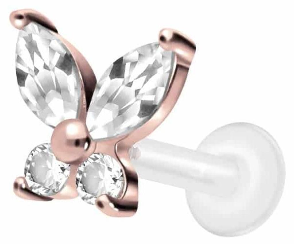Ohrpiercing, Nasenpiercing PTFE Labret mit Innengewinde + Titan-Aufsatz KRISTALLSCHMETTERLING RoséGold Stablänge: 7mm | Stabstärke: 1,2mm