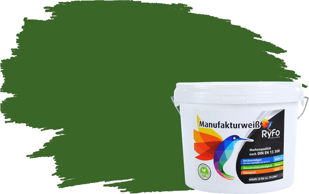 RyFo Colors Bunte Wandfarbe Manufakturweiß Farngrün 3l - weitere Grün Farbtöne und Größen erhältlich, Deckkraft Klasse 1, Nassabrieb Klasse 1