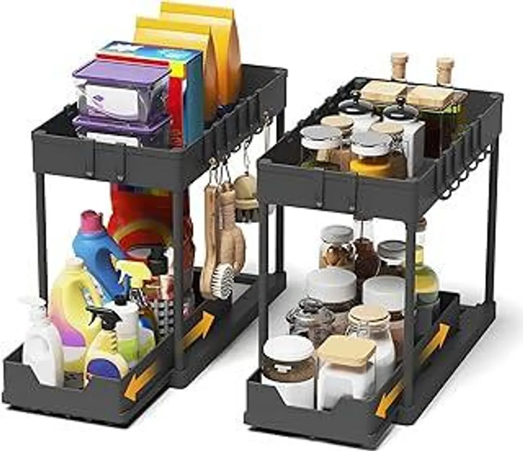 Organizzatore per cucina - Organizzatore per ripiano sottolavello in 2 pezzi - Organizzatore per ripiano estensibile con 16 ganci, nero