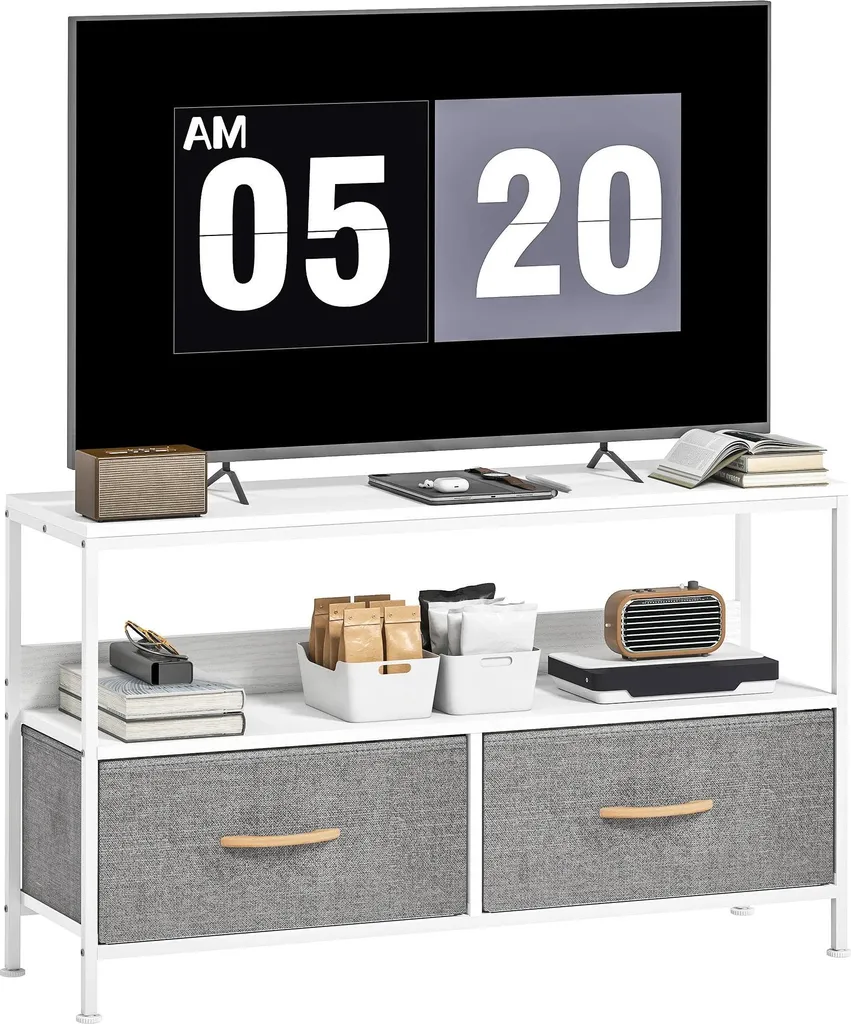 Meuble TV blanc pour salon et chambre avec rangements tiroirs tissu
