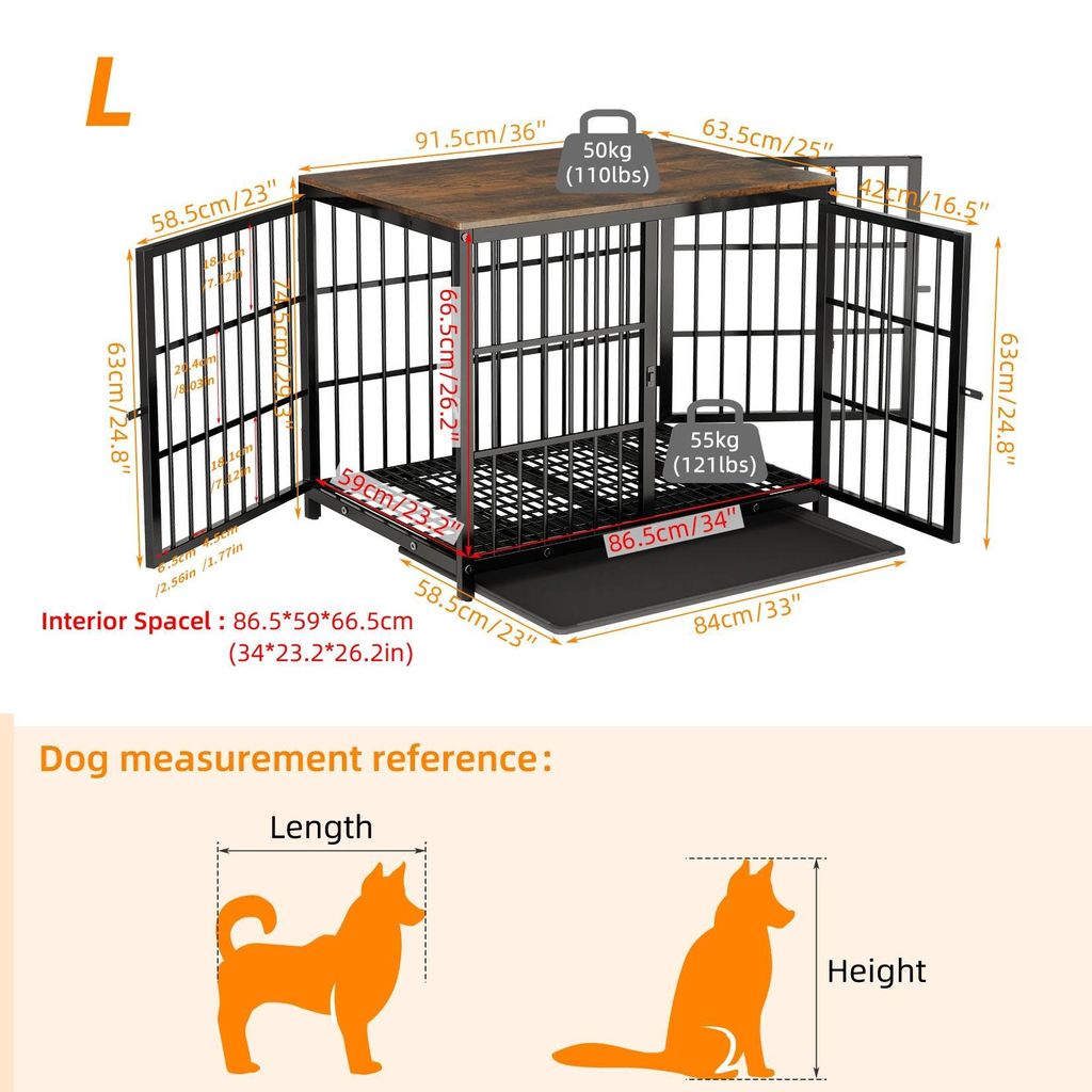 Indoor Hundebox - Möbel Hundekäfig Tisch - Drei Türen - Herausnehmbare Bodenwanne - Beistelltisch Wohnzimmertisch - Größe L - Schwarz