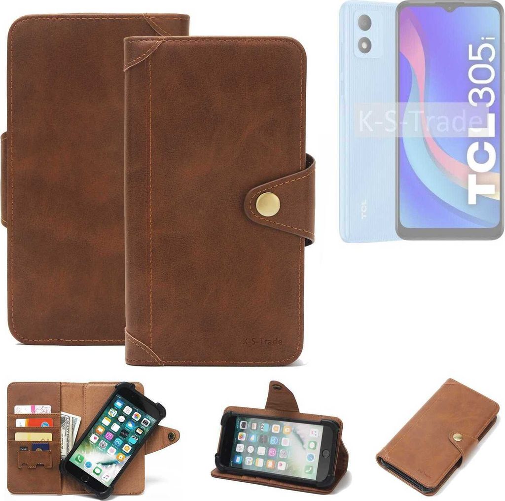 K-S-Trade Handyhülle kompatibel mit TCL 305i Schutz Hülle Walletcase Bookstyle Tasche Case Handytasche Wallet Flipcase Cover PolyurethanBraun (1x)