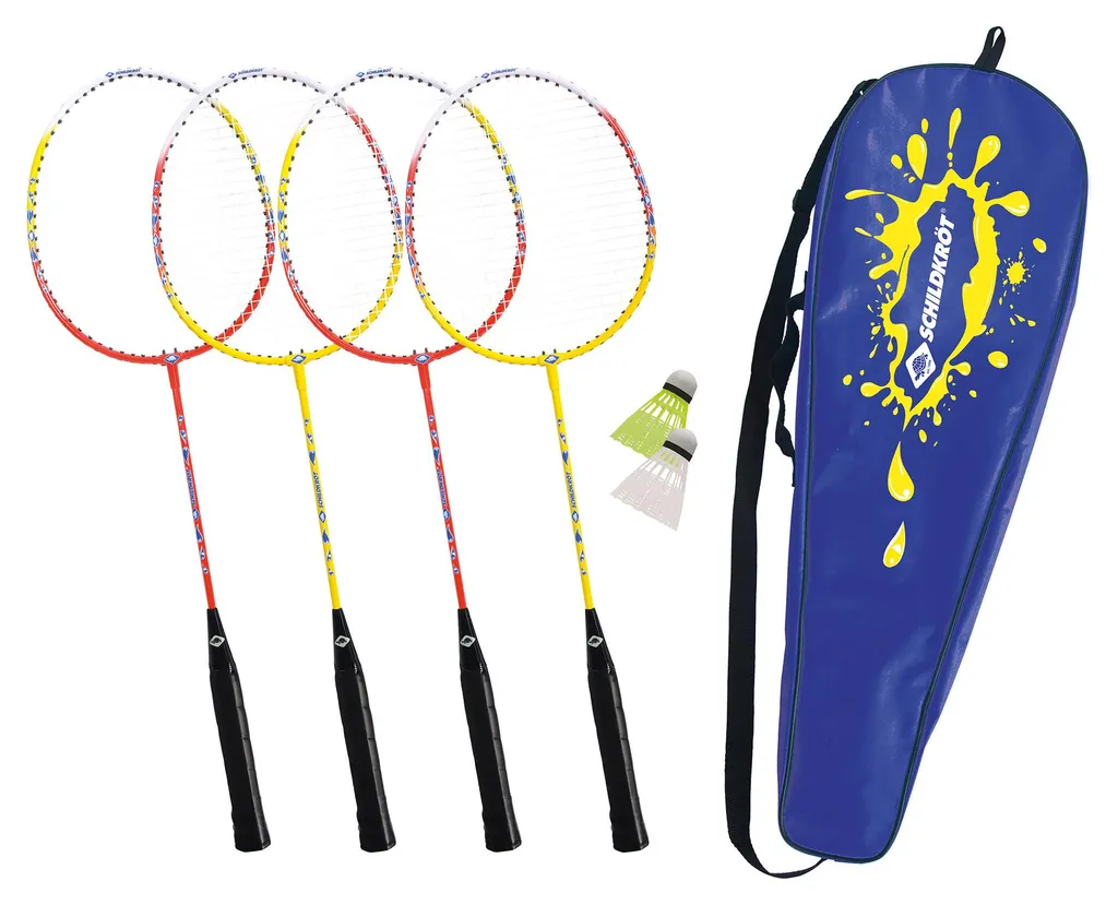 Kit badminton 4 joueurs complet avec poteaux filet et raquettes bleues