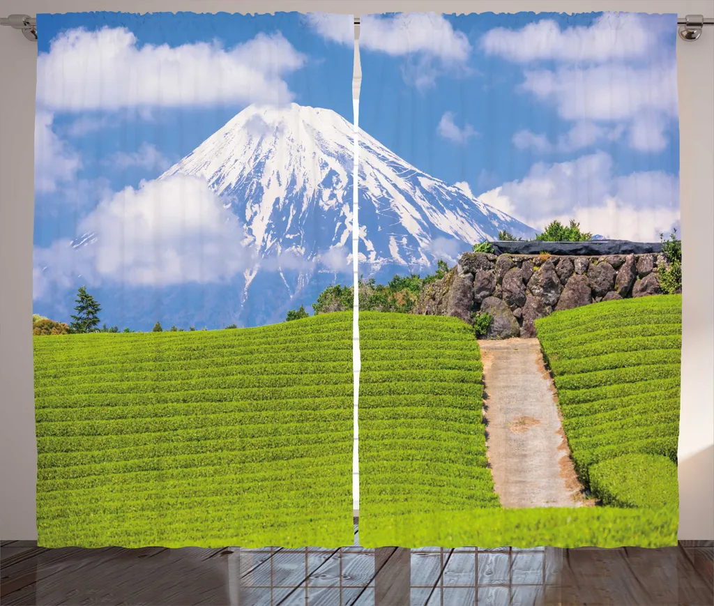ABAKUHAUS Fuji Tenda rustica, Tea Fields of Japan Prato, Tenda con passanti e ganci per camera da letto, 280 x 175 cm, Azzurro Verde lindo