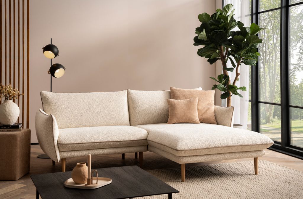 DOMO Collection Ecksofa 100 024, kleine Couch in L-Form, mit Taschenfederkern, bodenfreies Design, Holzfüße, 222 x 159 x 86 cm (BxTxH), creme