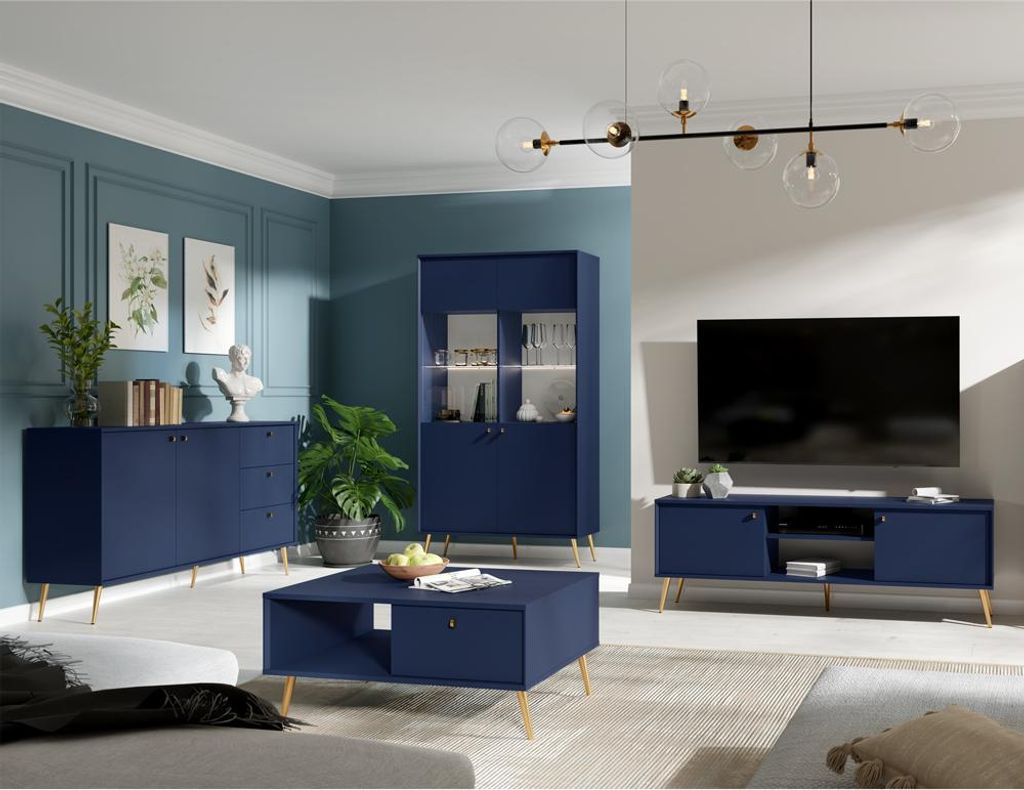 Wohnwand blau modern, goldene Füße, mit Sideboard und Couchtisch & Vitrine mit LED Beleuchtung, 4-teilig RIPLEY-166