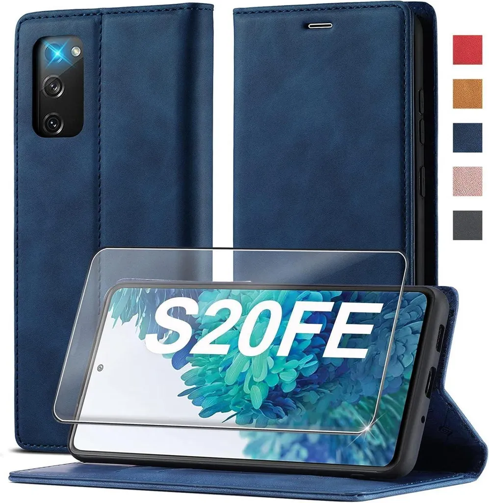 Housse Samsung S20 FE Bleu avec support vidéo et revêtement cuir premium