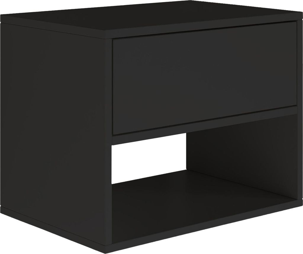 A black nightstand with one drawer and an open shelf.