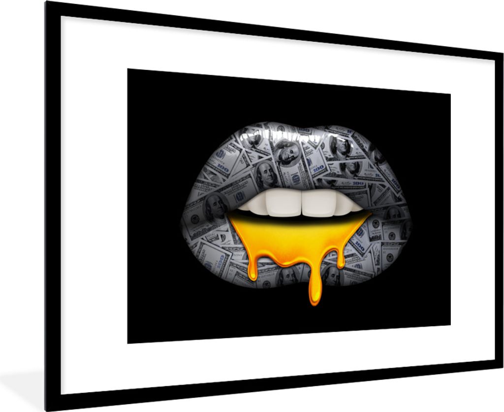 MuchoWow MuchoWow Gerahmtes Poster Lippen - Geld - Schwarz und Weiß 90x60 cm - Poster mit zchwarzem Bilderrahmen - Wanddekoration - Fotos