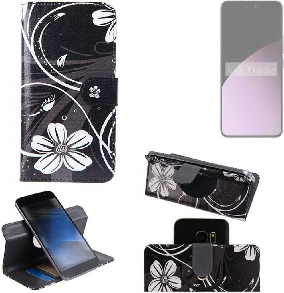 K-S-Trade Schutzhülle Handyhülle kompatibel mit Xiaomi 14 Civi Hülle 360° Wallet Case “Flowers“ Klapphülle Hülle schwarz-weiß 1x