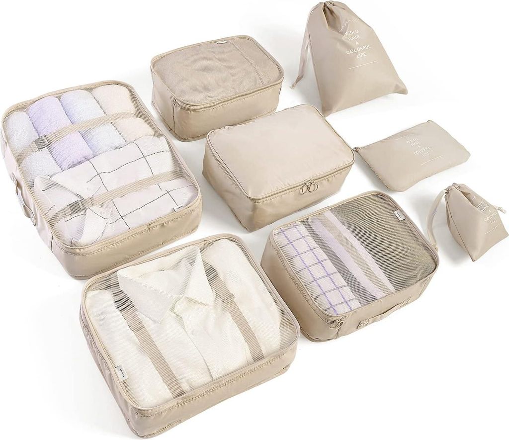 Koffer Organizer Set Verpackungsblock - 8-teilig beige - Kleidersäcke - Schuhsäcke - Reiseorganisator - Packwürfel - Kosmetik - Packtaschen für...