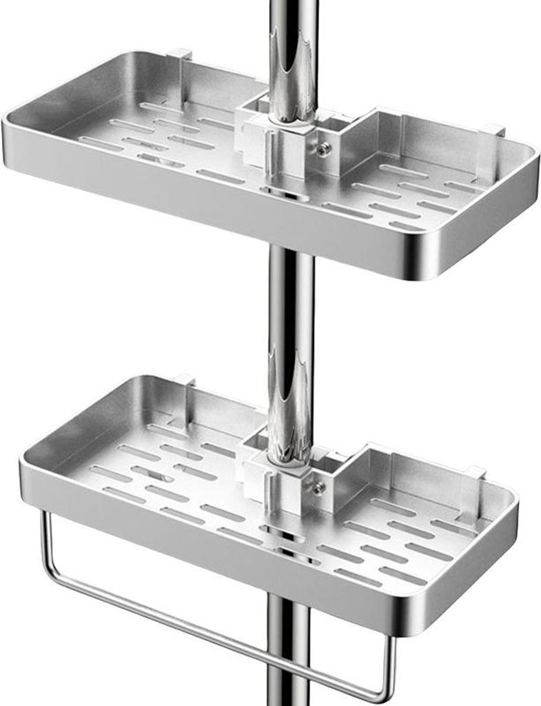 Zweistöckige Duschablage, ohne Bohren, höhenverstellbar, Duschablage aus Aluminium, rostfrei, stabil und langlebig, mit Stange, Silber