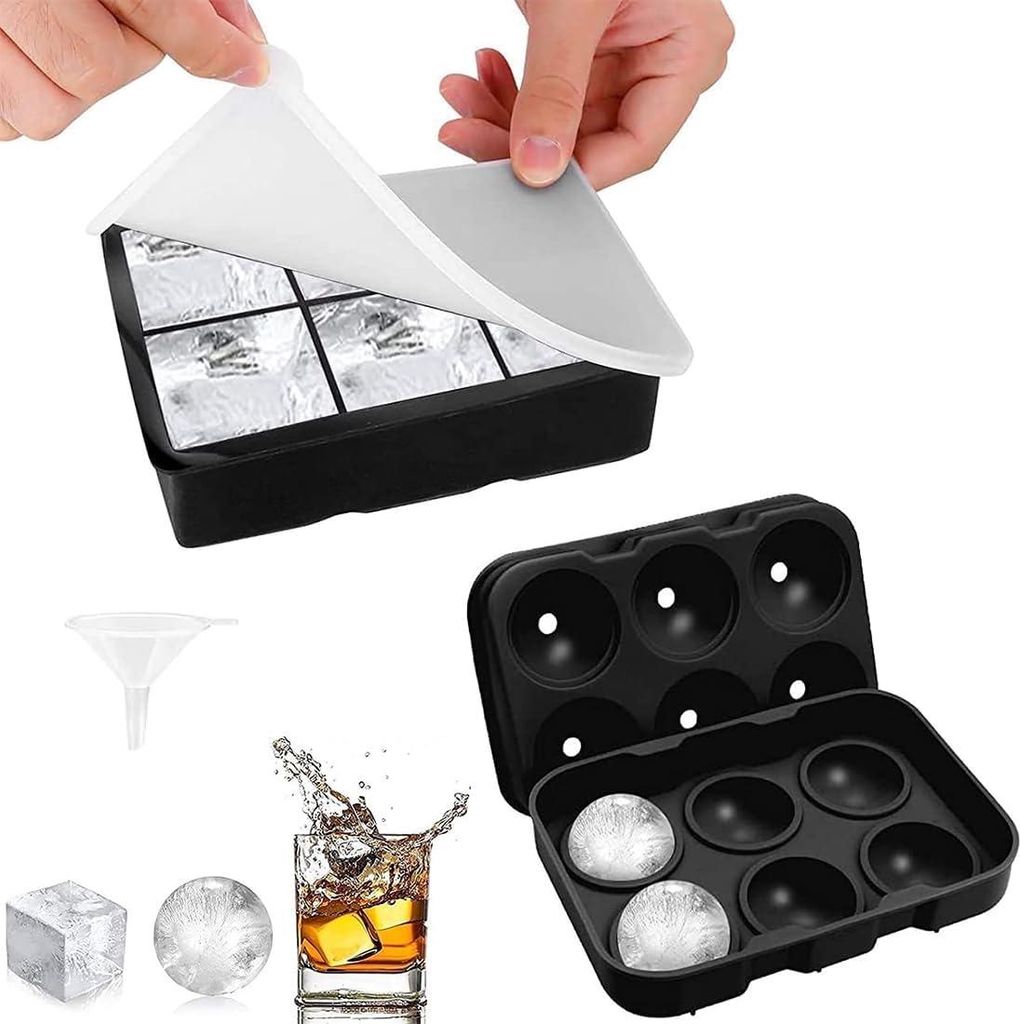 Eiswürfelform Silikon - Set von 2 großen runden Eisballen und quadratischen Eiswürfeln - BPA-frei wiederverwendbar mit Deckel - Cocktails Whisky...