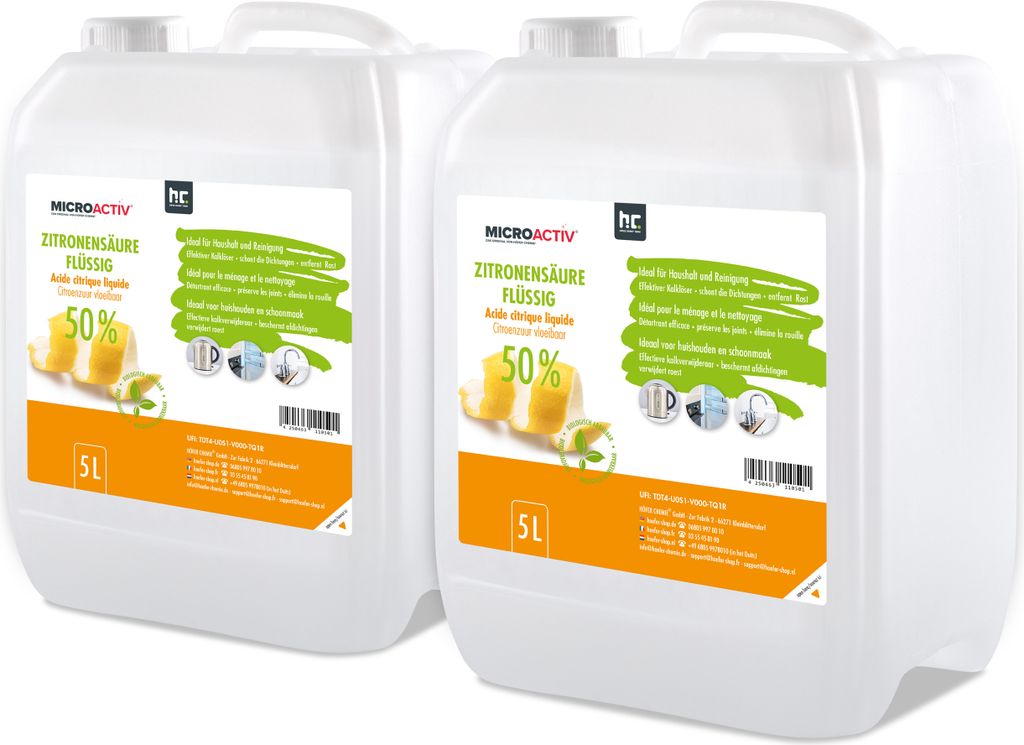 2x5 L Microactiv hochkonzentrierte Zitronensäure 50% in flüssig zur schnellen und effektiven Entkalkung