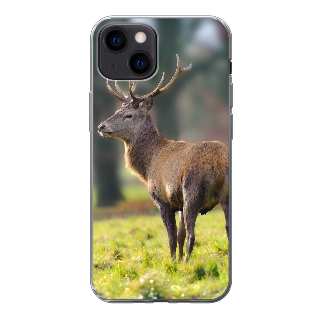 MuchoWow Handyhülle Schutzhülle Hülle für iPhone 13 mini Rothirsch - Wiese - Grün Silikon Softcase Handy Hülle - Softcase