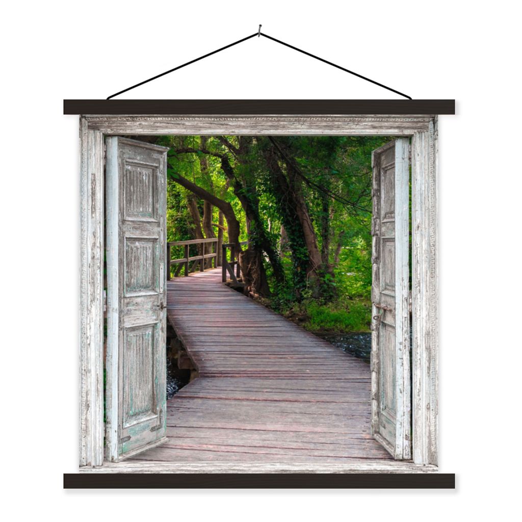 MuchoWow Textilposter Brücke - Wald - Aussicht 40x40 cm mit schwarzem Rahmen - Fotos
