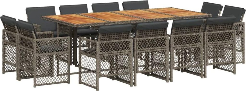 vidaXL 13-tlg. Garten-Essgruppe mit Kissen Grau Poly Rattan