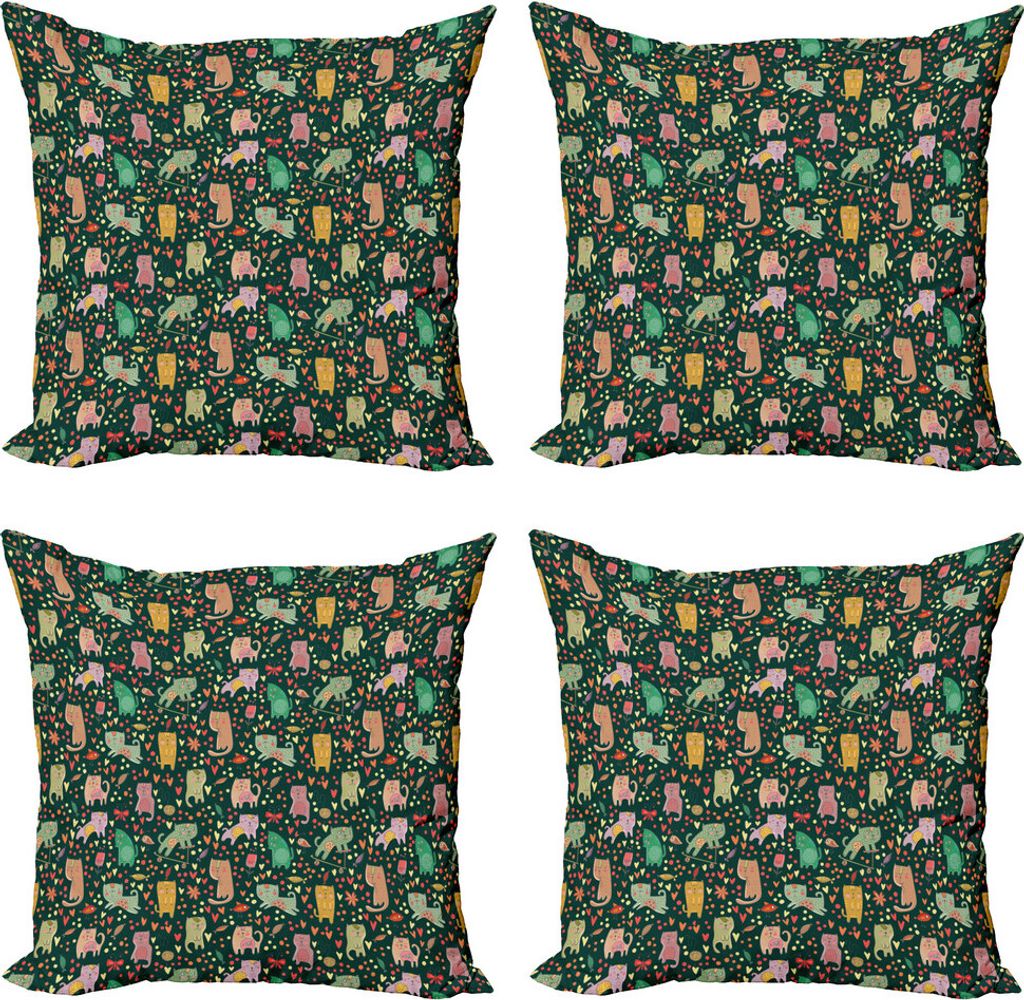 ABAKUHAUS Katze Kissenbezug Set (4 Stück), Cartoon Feline Tier, Moderner Doppelseitiger Digitaldruck, 50 cm x 50 cm, Mehrfarbig