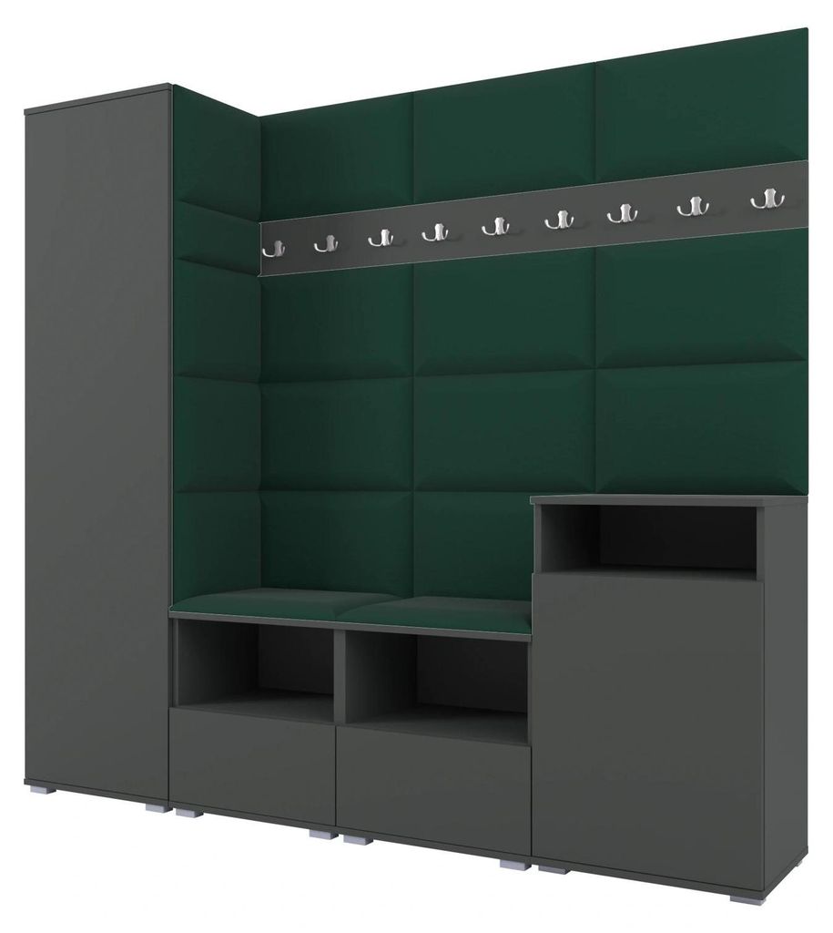 Garderobe NELA X 200 cm Modulare Flurmöbel Graphit mit Sitzpolster Flaschengrün 28 (Schrank + Sideboard)