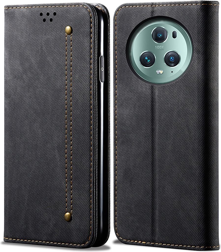 A black flip-style phone case for the Honor Magic 5 Pro is shown from two angles, open and closed.
