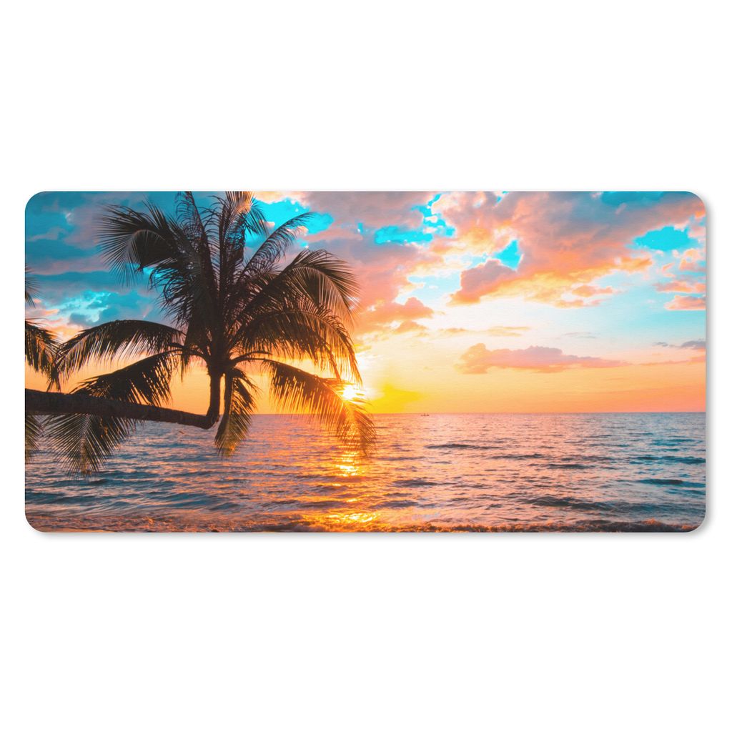MuchoWow Schreibtischunterlage Palme - Sonnenuntergang - Horizont - Strand - Meer - Tropisch 80x40 cm - XXL Mauspad - Gaming Mauspad