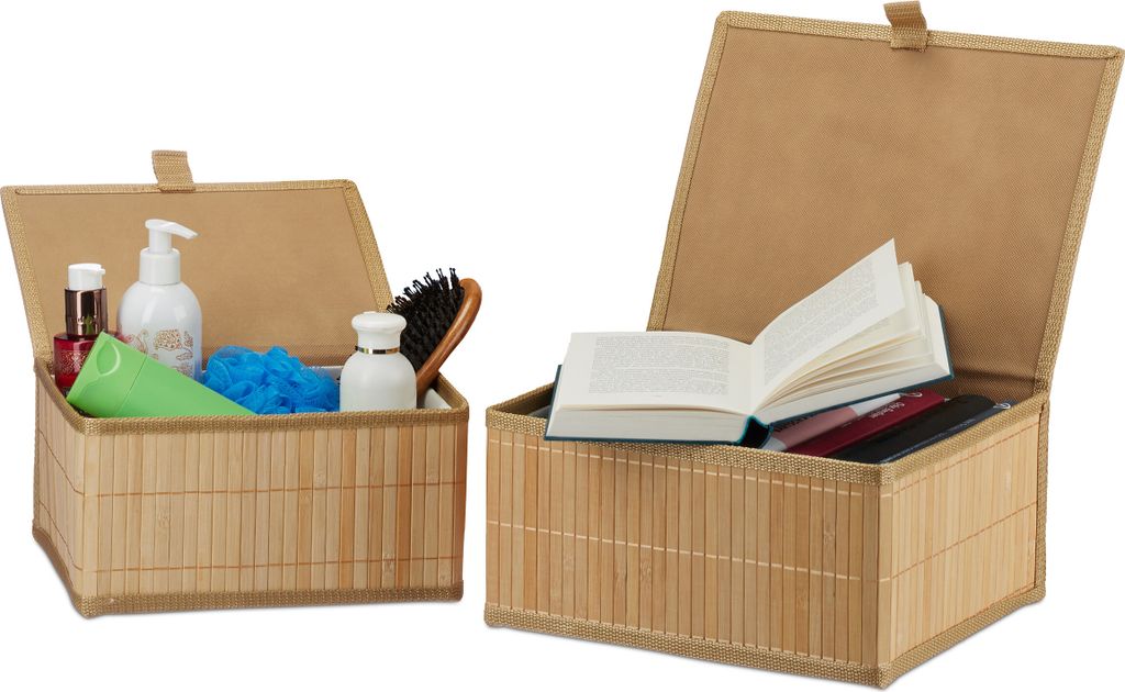 Relaxdays Aufbewahrungskorb, 2er Set, 2 Größen, mit Deckel, Bad, Kinderzimmer, Bambus & Stoff, Aufbewahrungsbox, natur