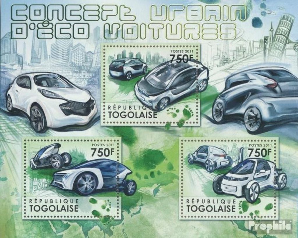 Briefmarken Togo 2011 Mi 4349-4351 Kleinbogen (kompl. Ausgabe) postfrisch Urbanes Konzept für „Green Cars“