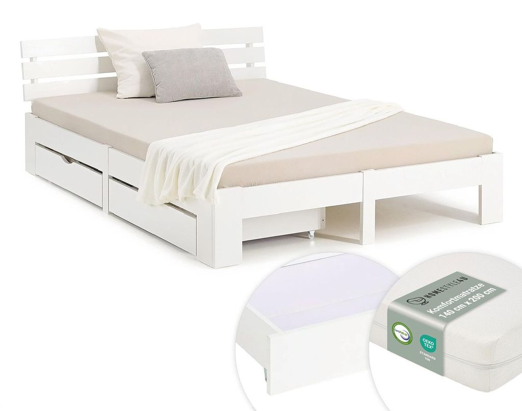 Homestyle4u Holzbett 140x200 mit Lattenrost mit Matratze Produktbild 