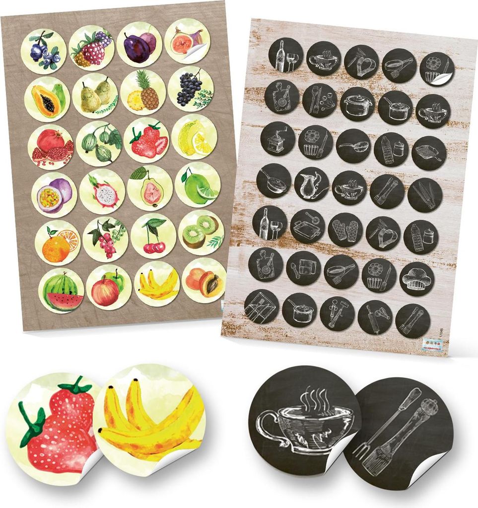 24 + 35 runde Aufkleber Küche Essen Küchenaufkleber Küchen-DEKO Sticker Obst Früchte Küche Kinder basteln 4 und 3 cm Deko Etiketten
