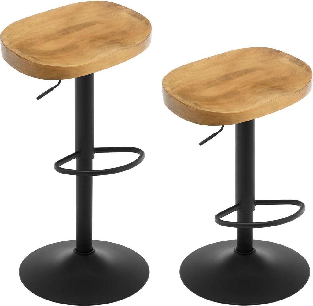 Industrielle Holz-Barhocker 2er-Set - Barstuhl - 360° Drehbar - Höhenverstellbar - Mit Fußstütze - 41,5 x 60–81 x 31,5 cm - Dunkles Holz, Beige