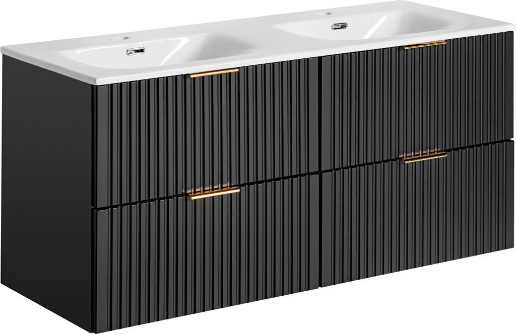 Badezimmerschrank 120 Cm Mit Doppelwaschbecken, Schwarz Matt Gefräst, Modern