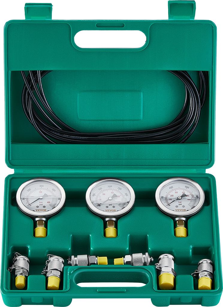 VEVOR Hydraulikdruck-Testset, 250/400/600 bar, 3 Messgeräte, 6 Testkupplungen, 3 Testschläuche, Bagger-Hydraulik-Testmanometer-Set mit Tragbarer ...