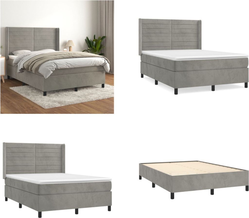 vidaXL Boxspringbett mit Matratze Hellgrau 140x190 cm Samt - Boxspringbett - Boxspringbetten - Bett - Schlafzimmermöbel