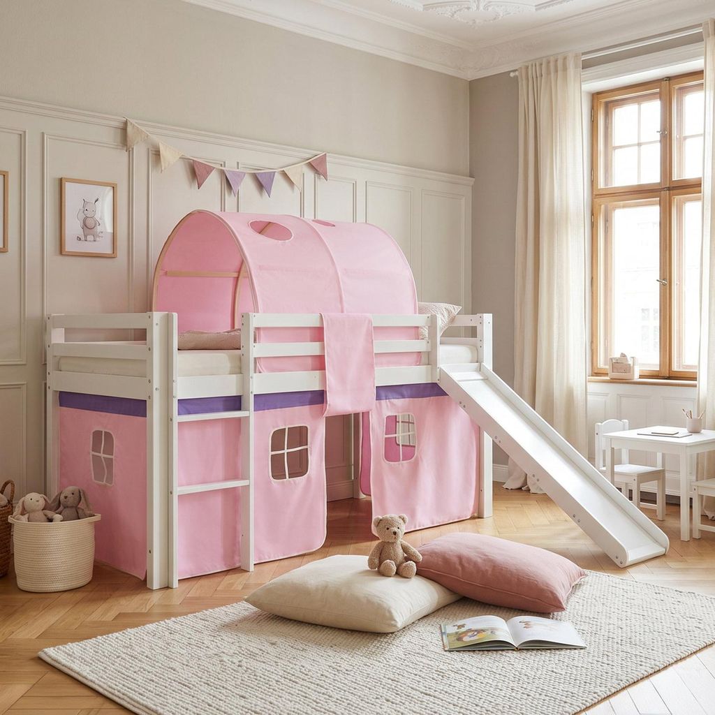 Homestyle4u Hochbett 90x200 mit Rutsche Lattenrost Vorhang Produktbild 
